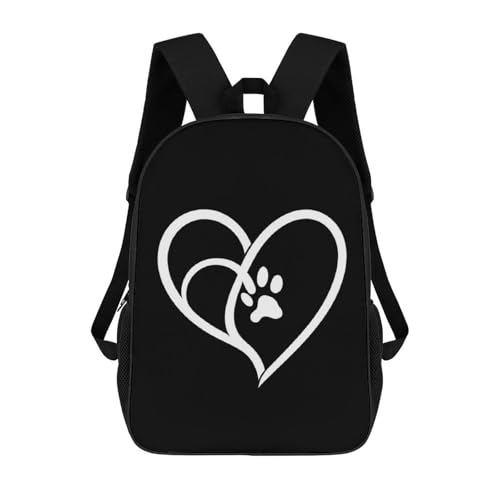 Womens Cat Dog Paw Prints Heart Black Backpack, Fashion Comfort Shoulder Bag for Travel, Reusable Spacious Soft Backpacks for Climbing, Shopping