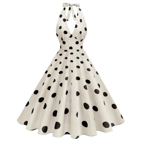 Dyhxuan Damen Vintage Cocktailkleid Ärmellos Neckholder Rockabilly Kleid Sexy V-Ausschnitt Swing Kleider A Linien Faltenrock Polka Dot Abendkleid...