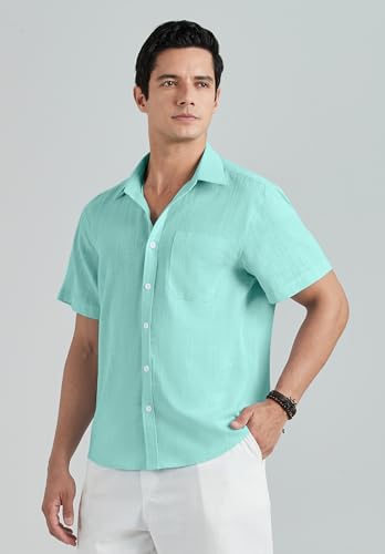 HISDERN Linen Cotton Shirts for Men Short Sleeve Casual Summer Button Down Shirt Beach Vacation Shirt with Pocket3