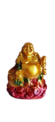 Shreya CreationHappy Feng Shui Laughing Buddha statue/idol/figurine/showpiece holding Ingot/moneybag/Hemp shack/dragon/fan sitting on good luck chair/sitting on coins symbol of good luck, wealth, health /