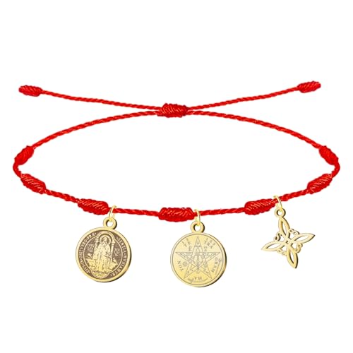 cotigo  Pulsera Nudo Rojo Ajustable de Protección y Suerte con Tetragramaton, Nudo de Bruja y San Benito – Acero Inoxidable – Amuleto Espiritual Unisex (San Benito Dorado)