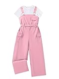 Ecolala Girls Overalls Short Sleeve Top and Casual Wide Leg Jumpsuit 2 Pieces Outfits Pink 7-8Y