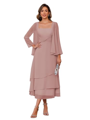 Women's 2 Piece Mother of The Bride Dresses with Jacket Pleated Chiffon Formal Evening Gown DE253