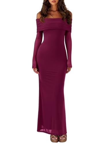 REORIA Women Long Sleeve Off Shoulder Formal Dress Elegant Stretch Mesh Double Lined Bodycon Long Party Wedding Guest Dresses Fall Winter 2024(Burgundy Medium)