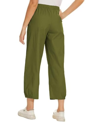 Women's Summer Capri Pants Elastic High Waist Drawstring Wide Leg Cotton Linen Work Pants with Pockets3
