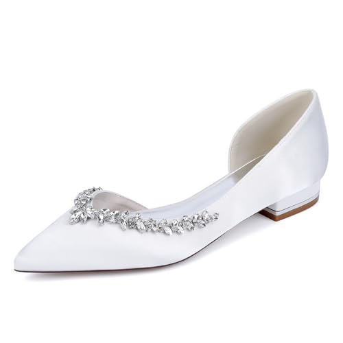 smlekwc Damen Niedriger Ferse Ballerinas Mit Strass Spitze Zehen Satin Brautschuhe Slip Auf Hochzeit...