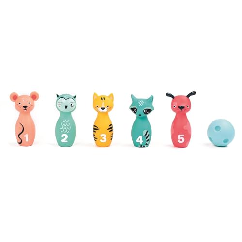 3550833301364 Ludi - Set di Birilli Morbidi per Neonati - dai 10 Mesi - 5 chiglie Animali Facili da Prendere in Mano + Sfera ergonomica - destrezza, Mira e coordinamento - Silenzioso e Leggero - 100% PVC, Lavabile