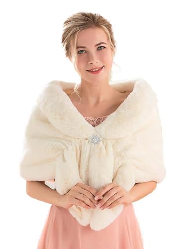 EVILD Bridal Faux Fur Wraps and Shawls Wedding Stole Scarf with Brooch Bride Shrug Coat for Brides and Bridesmaid