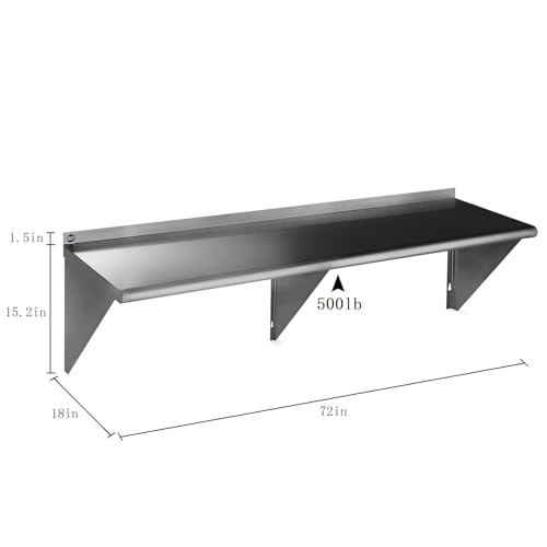 Image of ROCKPOINT Stainless Steel Shelf 18 x 72 Inches 500lb, NSF Metal Commercial Shelves Wall Mount Floating Shelving with Backsplash for Restaurant, Kitchen, Home and Hotel, Silver