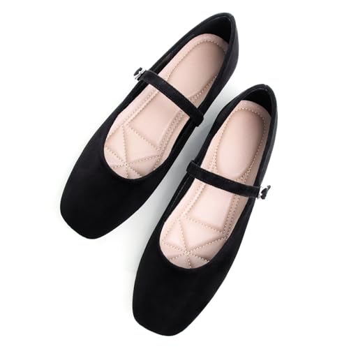 Image of TN TANGNEST Leather Flats for Women Retro Mary Jane Flats | Comfortable Square Toe Slip On Flats with Buckle Strap, Soft Work Flats Office Shoes