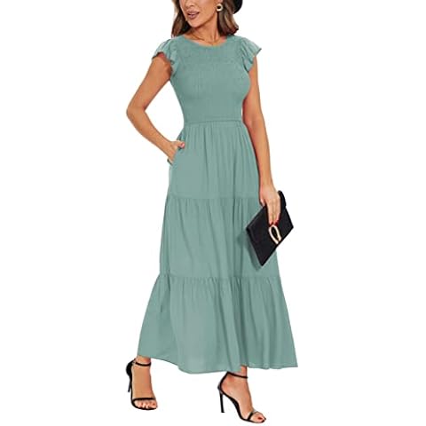NASHALYLY Women's Summer Boho Dress with Pockets,High Waist Smocked Maxi Dress Short Sleeve Casual Beach Dresses, Green, M Cover