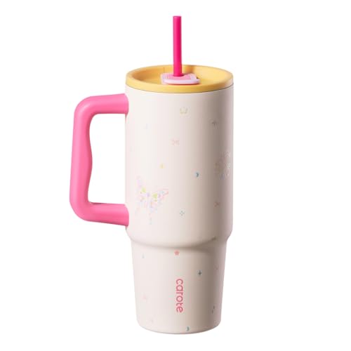 CAROTE カローテ 水筒 1020ml 真空断熱 タンブラー大容量 保温保冷 ステンレスマグボトル (ストロー付き・直飲み可能)ハンドル付き 軽量設計 食洗機対応 大口経で洗いやすい BPAフリー アウトドア キャンプ 3Dプリントの表面仕上げ ピンク
