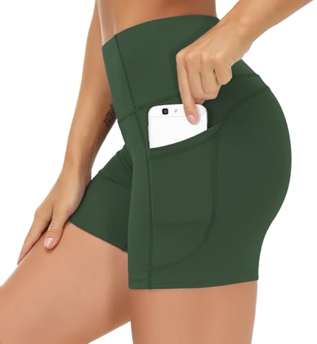Image of THE GYM PEOPLE High Waist Yoga Shorts for Women's Tummy Control Fitness Athletic Workout Running Shorts with Deep Pockets