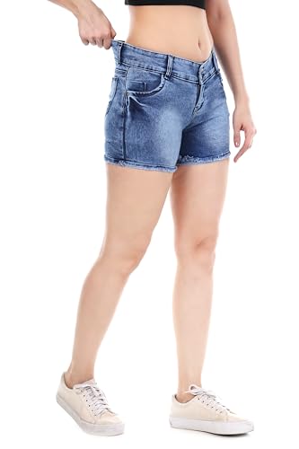 Image of Women's Stretchable Denim Shorts | Relaxed Fit | Low Rise | Frayed Hem | Casual Summer Wear