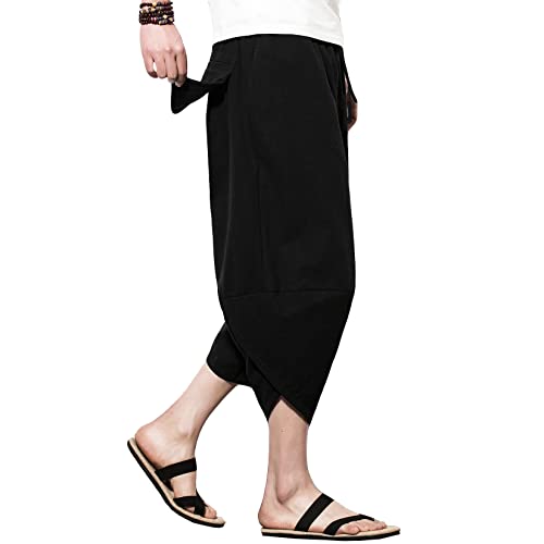 DOSLAVIDA Men's Linen Harem Capri Pants Lightweight Elastic Waist Wide Leg Cropped Trousers Casual Loose Beach Capris4