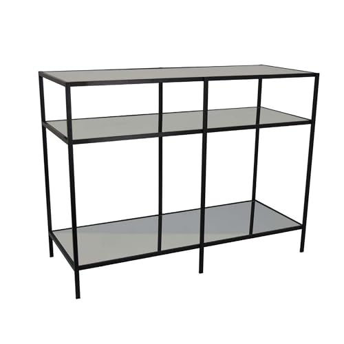 Benjara Gwen Plant Stand with 3 Mirrored Shelves, Black Metal Frame 40 Inch
