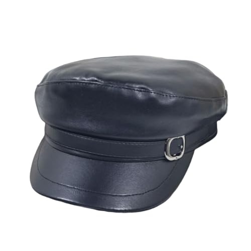 Besforta Women's PU Leather Flat Top Newsboy Cap Vintage Visor Beret Painter Bakerboy Cap Cabbie Hat Black