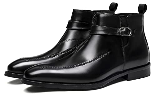 Santimon Men's Chelsea Ankle Dress Leather Buckle Strap Monk Boots Black Brown