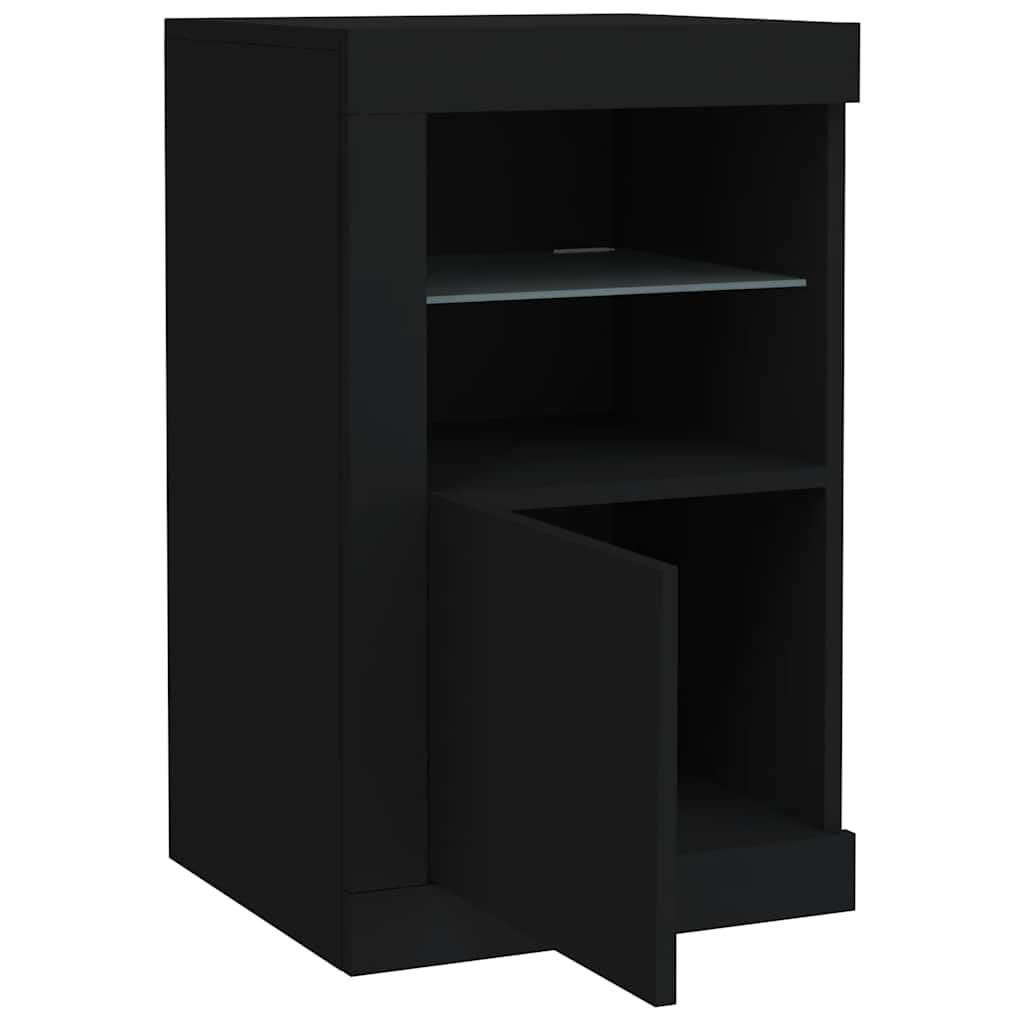 Szafka dostawiana z diodami LED, czarna płyta drewniana, szklana półka i ukryta półka, 41 x 37 x 67 cm, elastyczne drzwi do montażu, szafka do przechowywania do salonu i biura