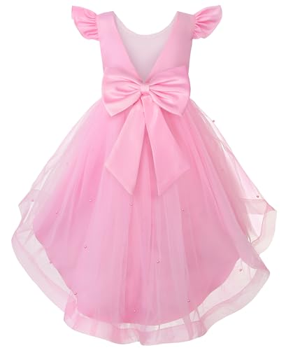 JerrisApparel Girls Satin High Low Dress Ruffle Sleeves Party Dress Pearl Tulle Layered Skirt with Large Bow Back