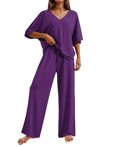 Image of Ekouaer Pajama Sets for Women 2 Piece Lounge Set Short Sleeve Tops and Long Pants Soft Comfy Pjs Sleepwear Outfits S-XXL