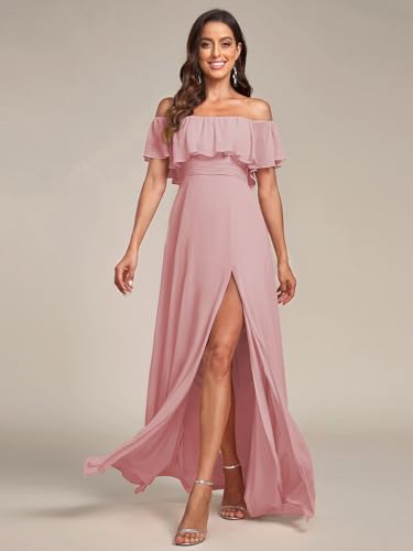 Image of Ever-Pretty Women's Summer Off The Shoulder Flowy Chiffon Formal Wedding Guest Dresses Maxi Side Split Beach Bridesmaid Dress