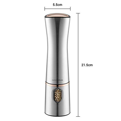 Image of Inkbird Electric Pepper Grinder Mill,Automatic Electric Pepper Grinder,Battery Operated Stainless Steel Pepper Mill Salt Mill with Light,Push Button Adjustable Coarseness