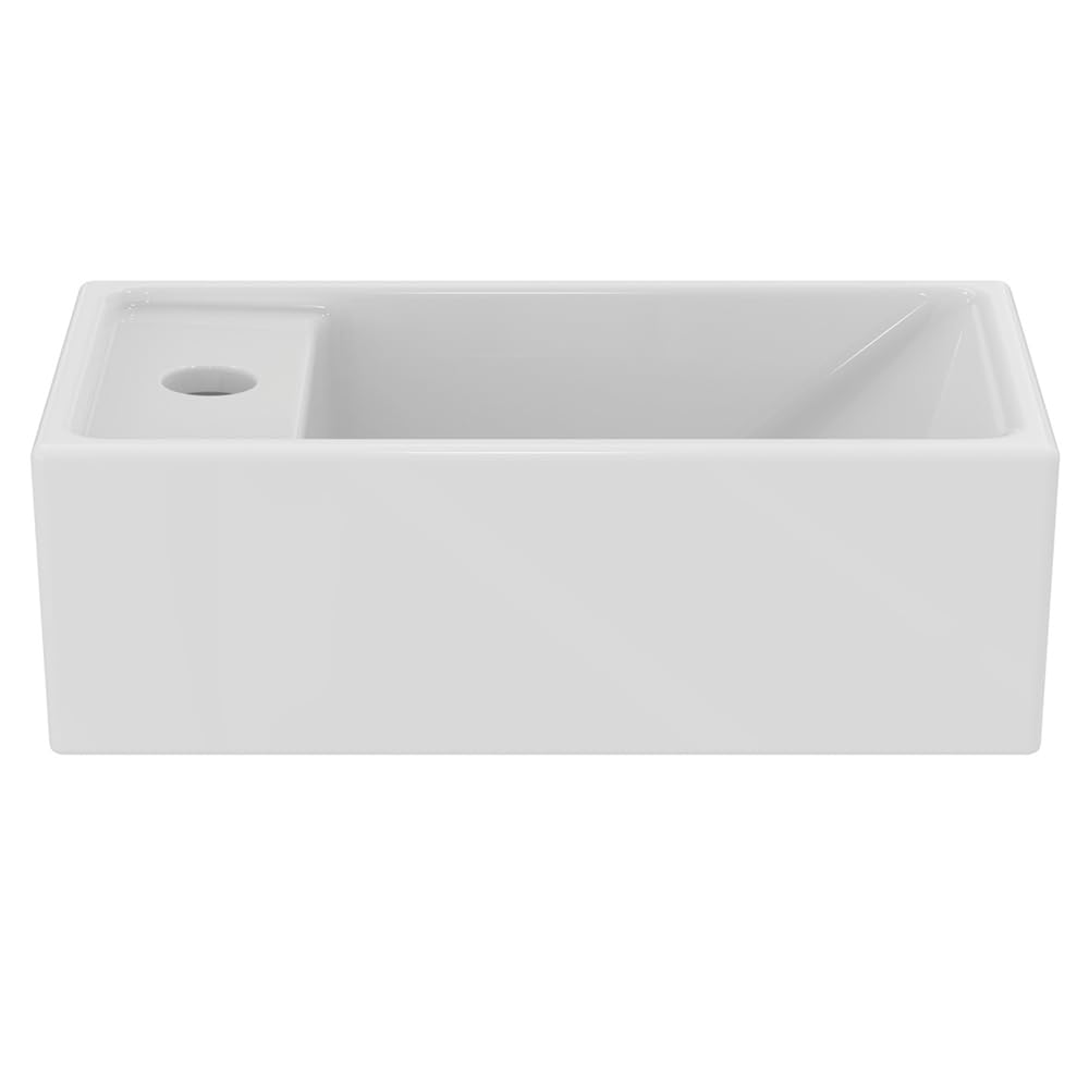 Ideal Standard I.LIFE TEMPO, Lave-mains pour Salle de bain ou Toilettes, 37 x 21 x 11 cm, Fixation Mur ou Meuble Ilife, Céramique, Percé à Gauche, Trop-Plein, Blanc, E211201