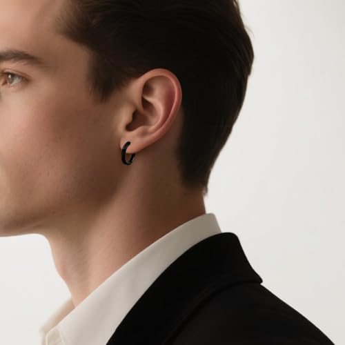 TGNEL Large Black Mens Titanium Hoop Earrings for Sensitive Ears, Fashion Brushed Titanium Earring Hoops for Men Bevel3