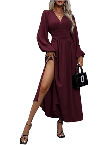 LUVCES Damen Herbst Maxi Kleid V-Ausschnitt Puff Langarm Plissee Hohe Taille Schlitz Elegant Hochzeitsgast Cocktail Langes Kleid Lila rot M