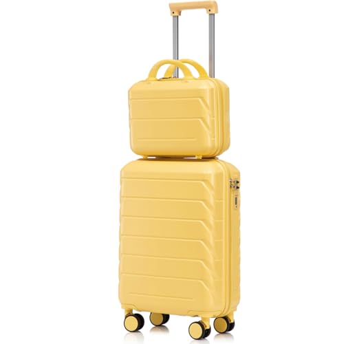 Luccalily 2-Piece ABS Hard Shell Lightweight Carry-On Luggage Set (14 & 20) 360-Degree Spinner Wheels Adjustable Telescopic Handle and Combination Lock for Travel Yellow
