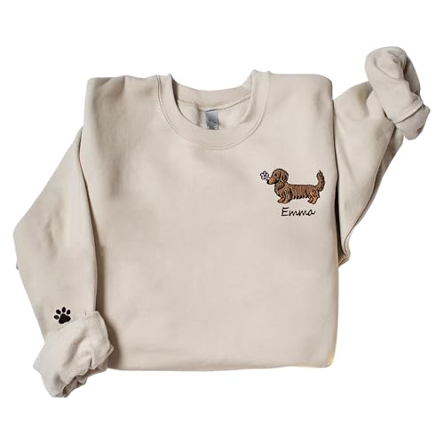 Personalized Embroidered Dachshund Crewneck, Custom Dog Pullover, Personalized Sausage Dog Sweatshirt, Unique Cream Pup Apparel, for Pet Lovers