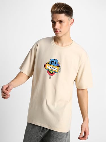 Image of Veirdo Oversized Baggy Fit Pure Cotton Drop Shoulder Half Sleeve & Aesthetic Black & Lilac Back Doodle & Tiger Graphic Printed Round Neck T-Shirt for Men