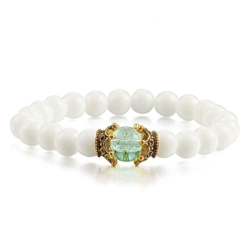 Bracelet couronne en pierre naturelle perles 8mm élastique de yoga blanc et vert tendance