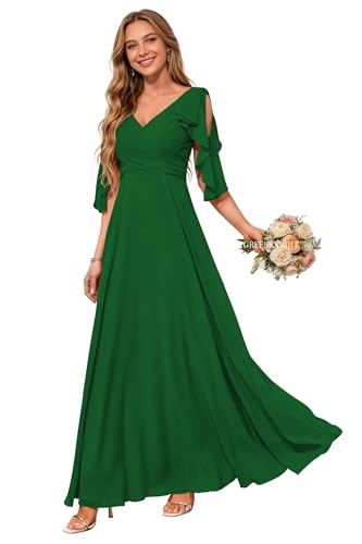 Image of Plus Size Emerald Green Formal Bridesmaid Dresses for Women Chiffon Formal DressFloor Length V-Neck Wedding Evening Party Gown US16W