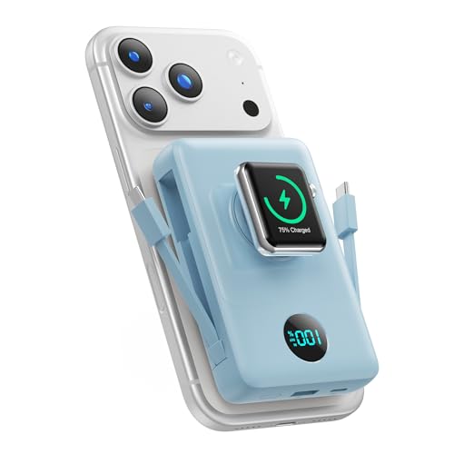 Image of 6 in 1 Magnetic Portable Charger for iPhone with Built-in Cables, 10800mAh 25W PD Fast Charging Power Bank, 6 Outputs LCD Display Travel Essential Battery Pack for iPhone 17 /16 /15 /14 /13 /12 (Sky Blue)