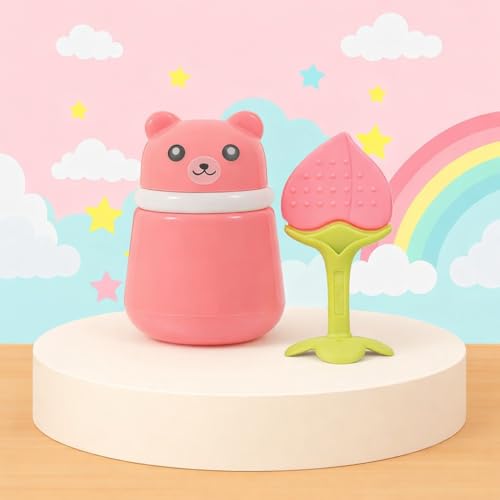 Image of 1 Baby Skin Care Powder Talcum Puff Case Cum Container Box With 1 Soft Silicone Fruit Shape Molar Teething Toy for Toddlers Kids and Infants BPA Free (DESIGN 201)