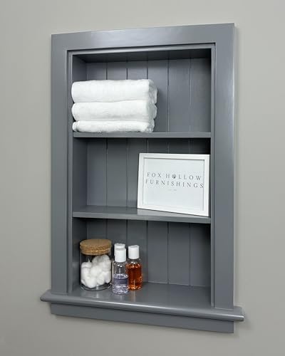 Image of 14x24 Aiden Recessed Wall Niche Medicine Cabinet Replacement, in The Wall Bathroom Cabinet Insert Shelf /Shelves, Made in North America, Real Wood, NO MDF, Beadboard, Dark Gray