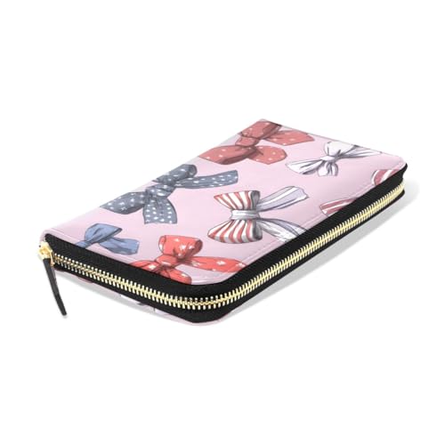 Long Wallets Leather Bifold Wallet for Women Pink Flag Bows Pattern with Zipper Credit Card Holder Large Capacity3