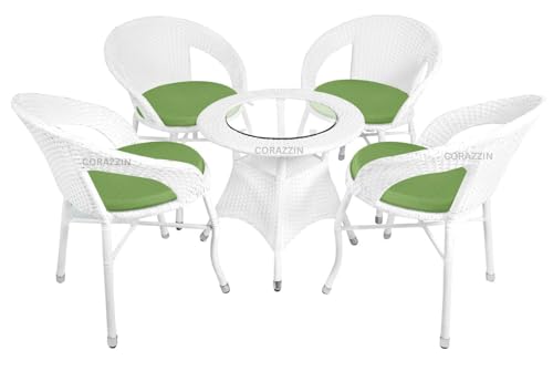 Image of Rattan Wicker Garden Patio Seating Chair and Table Set for Outdoor Balcony Garden Coffee Table Set Furniture with 1 Table and 4 Chairs with Green Cushion (White)