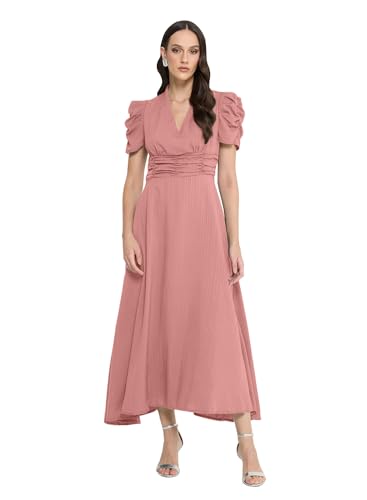 Image of Sugathari Women Women's V-Neck Maxi Dress, A-Line Style, Puff Sleeves, Cinched Waist 246