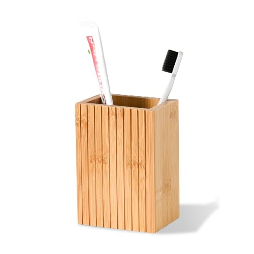 Natural Bamboo Toothbrush Holder Fluted Square Design for Countertop Multipurpose Pen Holder or Desktop Organizer Natural