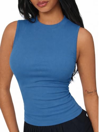 Image of CIDER Womens Tank Tops Sleeveless High Neck Ruched Crop Tops Going Out Casual Basic Ribbed Shirt Summer Fashion Clothing