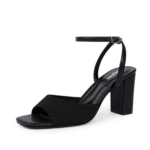 Image of Easyfox Open Toe Chunky Heel Sandals for Women Ankle Strap 3 Inch High Heels Dress Wedding Block Shoes