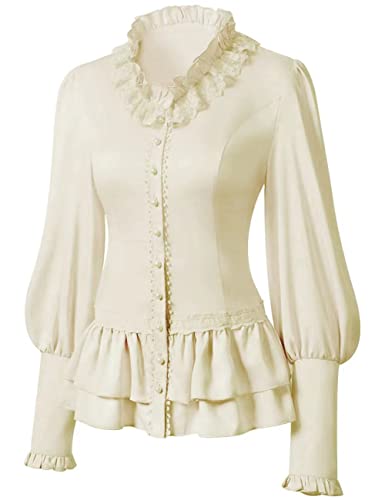 Women Vintage Victorian Long Sleeve Corset Top Lace Ruffled Blouse Stand Collar Shirts