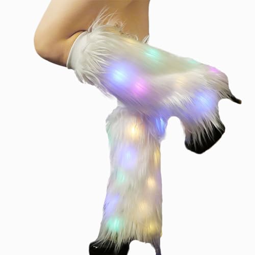 CanB White Faux Fur Leg Warmers Light Up Rave LED Leg Cover 80s Winter Furry Long Boot Covers Sexy Fun Dance Hosiery for Women