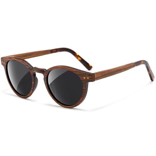 SUNGAIT Round Wood Polarized Sunglasses Women Men Vintage Retro Oak Walnut Rosewood Wooden Shades UV Protection (Rose Wood Frame/Grey Lens)