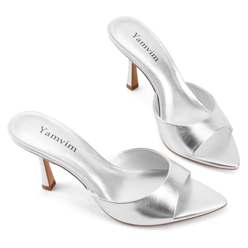 Image of Heel Mules for Women Pointed Open Toe High Heel Sandals | 3 Inch Peep Toe Slip On Backless Sexy Stiletto Heels for Party Wedding Daily Summer