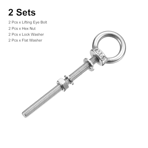 Image of uxcell 2pcs M6 x 70mm Stainless Steel Eye Bolts with Nut Washers and Rings for Hanging Items