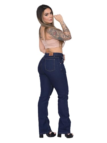 Calça Feminina Jeans Cintura Alta, Modelagem Reta, Elastano, Plus Size, Zíper nas Costas (BR, Numéri